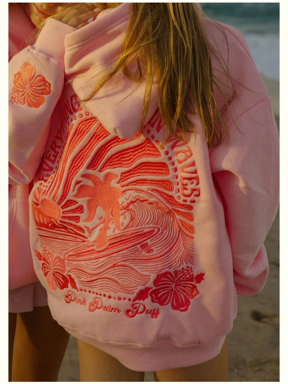 Pink Palm Puff “Everything Comes in Waves”Hoodie in Pink size XS